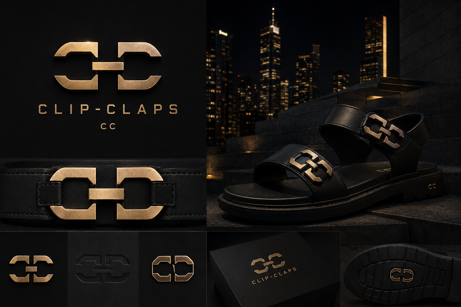 CLIP-CLAPS HIS — champagne-gold CC clasp monogram, black leather sandal on stone stairs against a night skyline. Packaging and outsole details below.