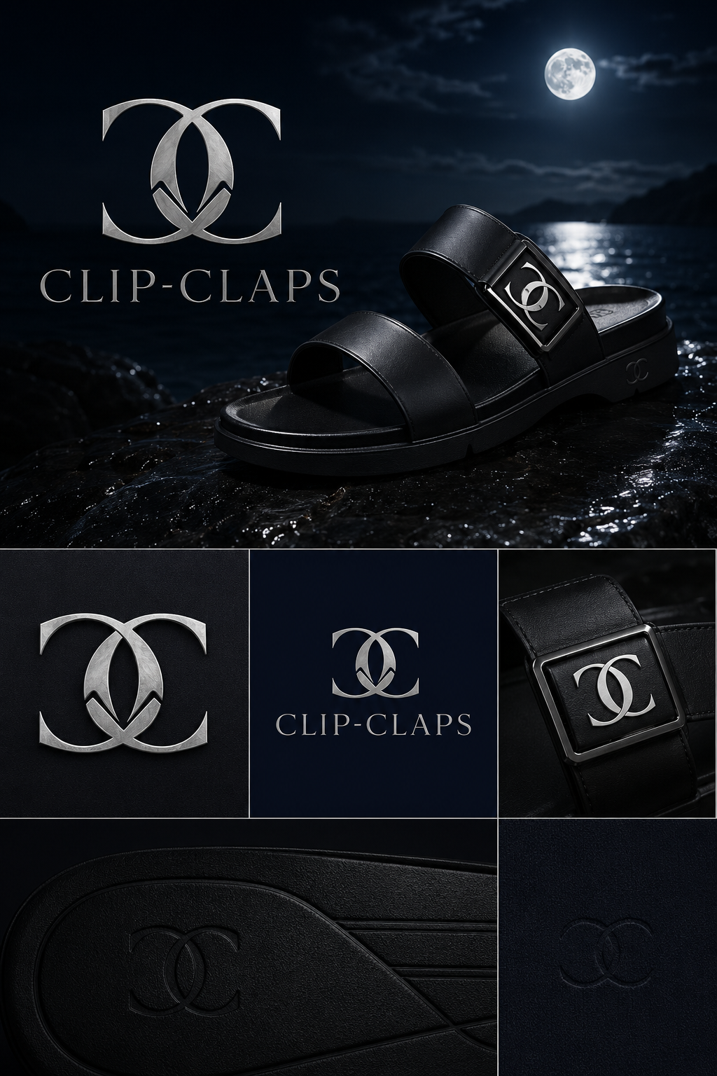 CLIP-CLAPS HERS — platinum CC clasp monogram, black leather sandal on wet volcanic rock beneath a full moon, midnight sea in the distance.